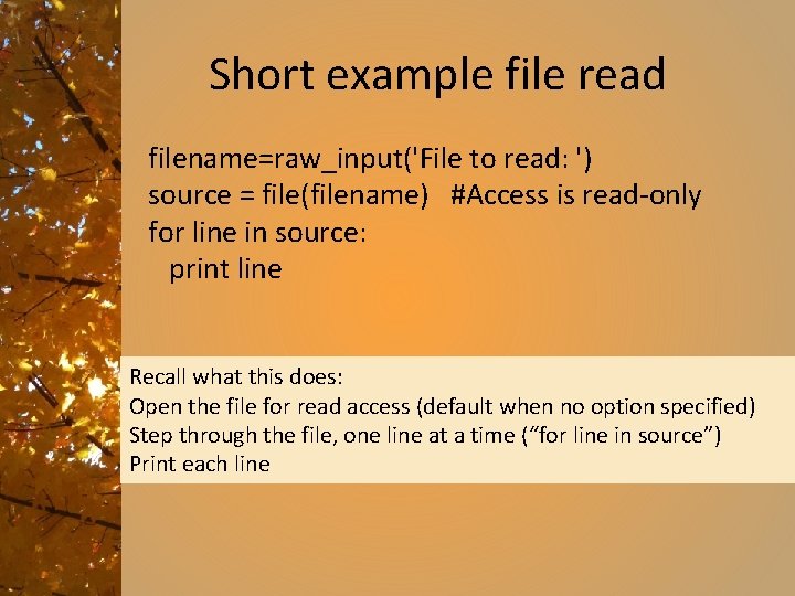 Short example file read filename=raw_input('File to read: ') source = file(filename) #Access is read-only