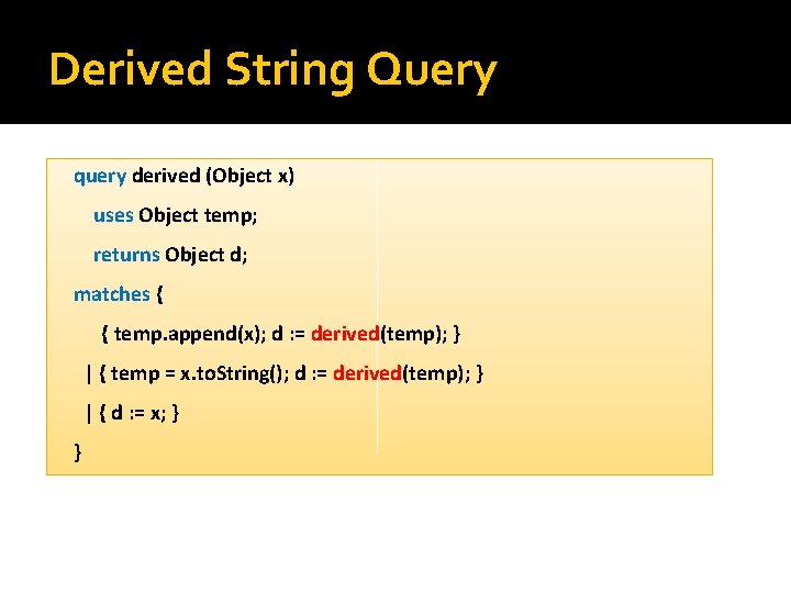 Derived String Query query derived (Object x) uses Object temp; returns Object d; matches