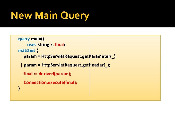 New Main Query query main() uses String x, final; matches { param = Http.