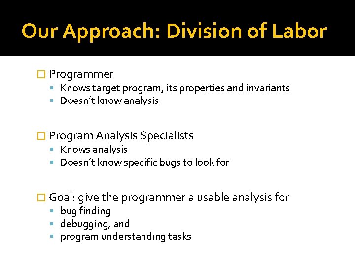 Our Approach: Division of Labor � Programmer Knows target program, its properties and invariants