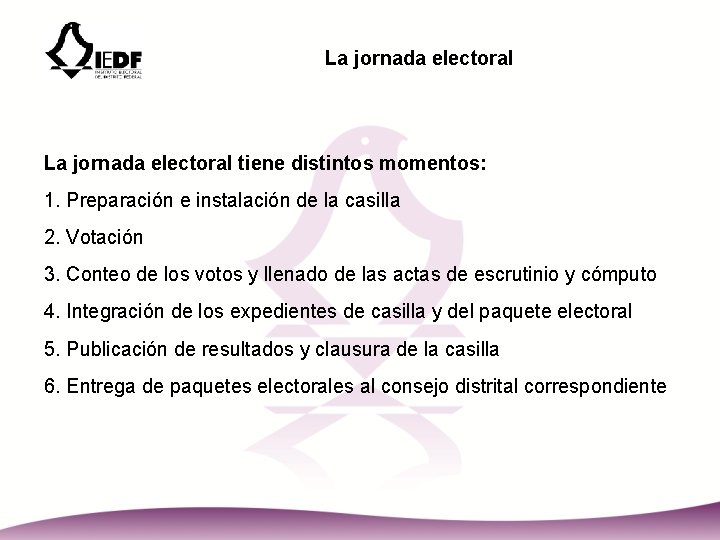 La jornada electoral tiene distintos momentos: 1. Preparación e instalación de la casilla 2.