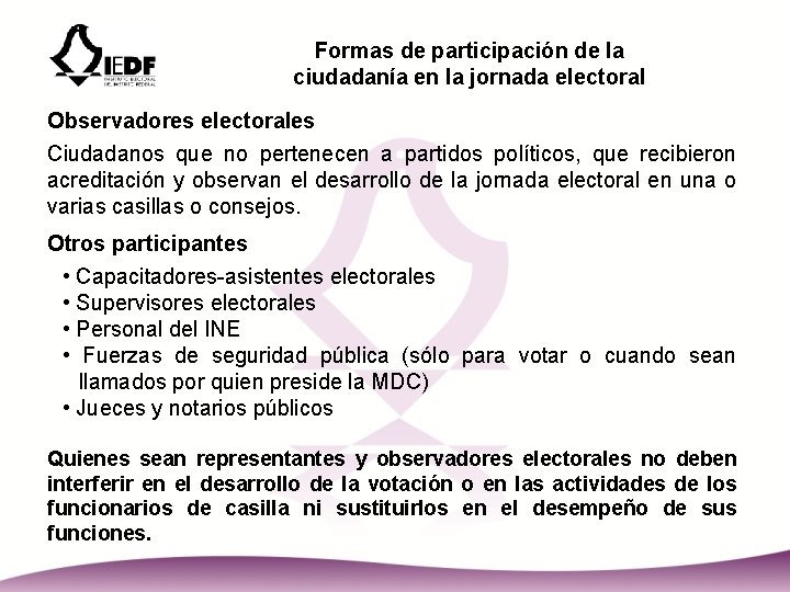 Formas de participación de la ciudadanía en la jornada electoral Observadores electorales Ciudadanos que