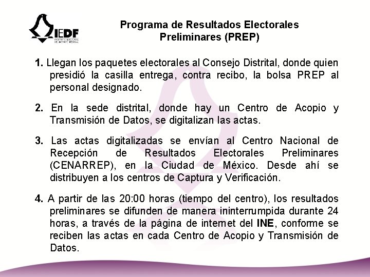 Programa de Resultados Electorales Preliminares (PREP) 1. Llegan los paquetes electorales al Consejo Distrital,