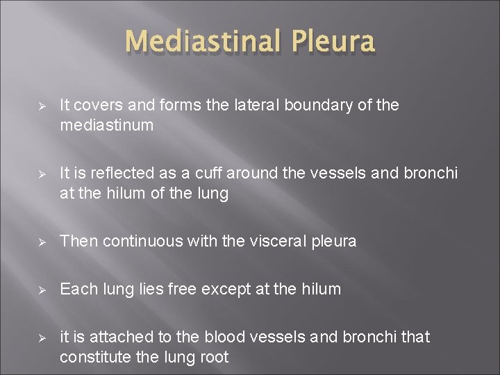 Mediastinal Pleura Ø It covers and forms the lateral boundary of the mediastinum Ø