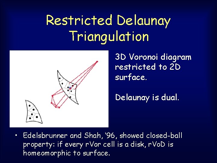 Restricted Delaunay Triangulation 3 D Voronoi diagram restricted to 2 D surface. Delaunay is Restricted Delaunay Triangulation 3 D Voronoi diagram restricted to 2 D surface. Delaunay is
