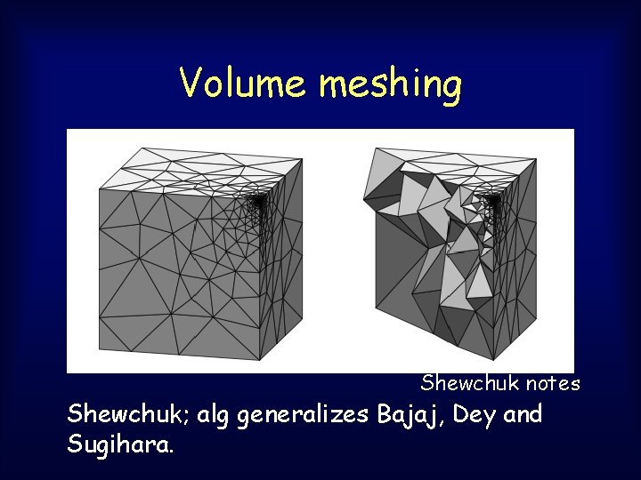 Volume meshing Shewchuk notes Shewchuk; alg generalizes Bajaj, Dey and Sugihara. Volume meshing Shewchuk notes Shewchuk; alg generalizes Bajaj, Dey and Sugihara.