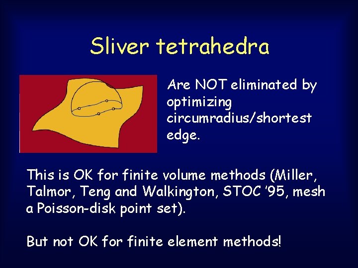 Sliver tetrahedra Are NOT eliminated by optimizing circumradius/shortest edge. This is OK for finite Sliver tetrahedra Are NOT eliminated by optimizing circumradius/shortest edge. This is OK for finite