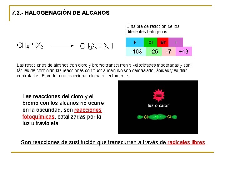 7. 2. - HALOGENACIÓN DE ALCANOS Entalpía de reacción de los diferentes halógenos F