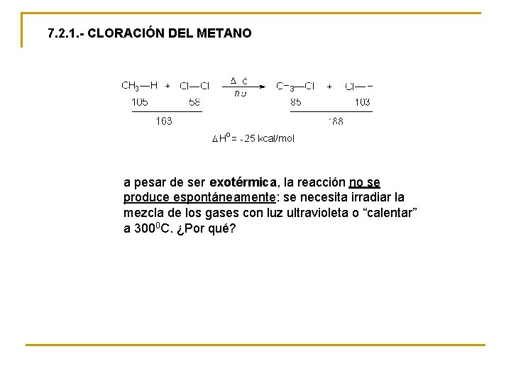 7. 2. 1. - CLORACIÓN DEL METANO a pesar de ser exotérmica, la reacción