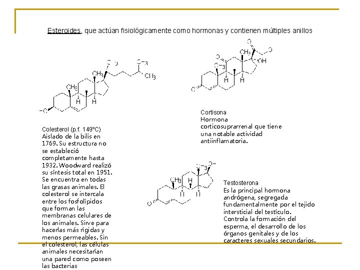 Esteroides, que actúan fisiológicamente como hormonas y contienen múltiples anillos Colesterol (p. f. 149ºC)