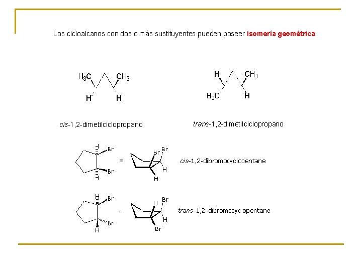 Los cicloalcanos con dos o más sustituyentes pueden poseer isomería geométrica: cis-1, 2 -dimetilciclopropano