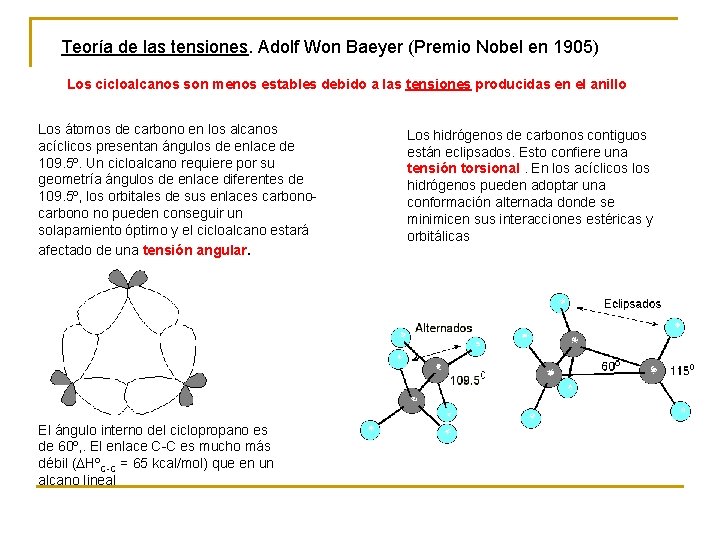 Teoría de las tensiones. Adolf Won Baeyer (Premio Nobel en 1905) Los cicloalcanos son
