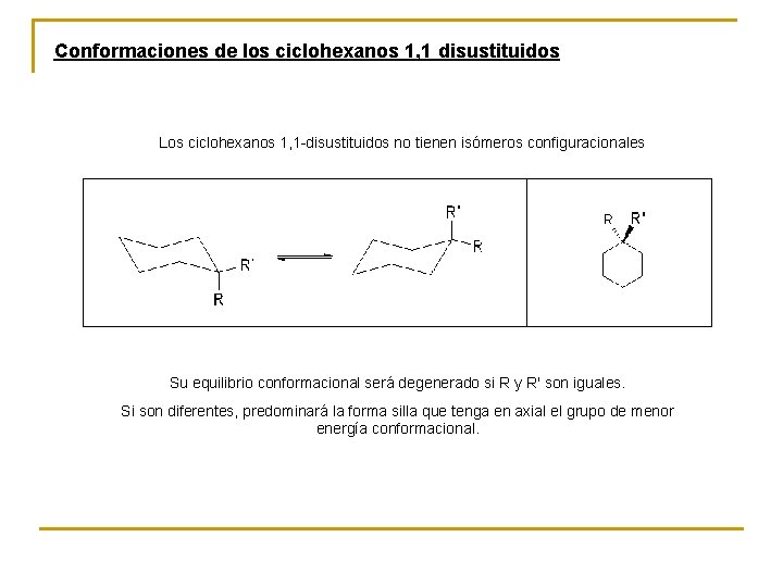 Conformaciones de los ciclohexanos 1, 1 disustituidos Los ciclohexanos 1, 1 -disustituidos no tienen