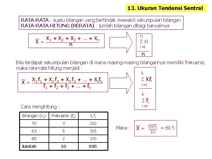 13. Ukuran Tendensi Sentral RATA-RATA : suatu bilangan yang bertindak mewakili sekumpulan bilangan RATA-RATA