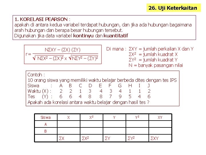 26. Uji Keterkaitan 1. KORELASI PEARSON : apakah di antara kedua variabel terdapat hubungan,