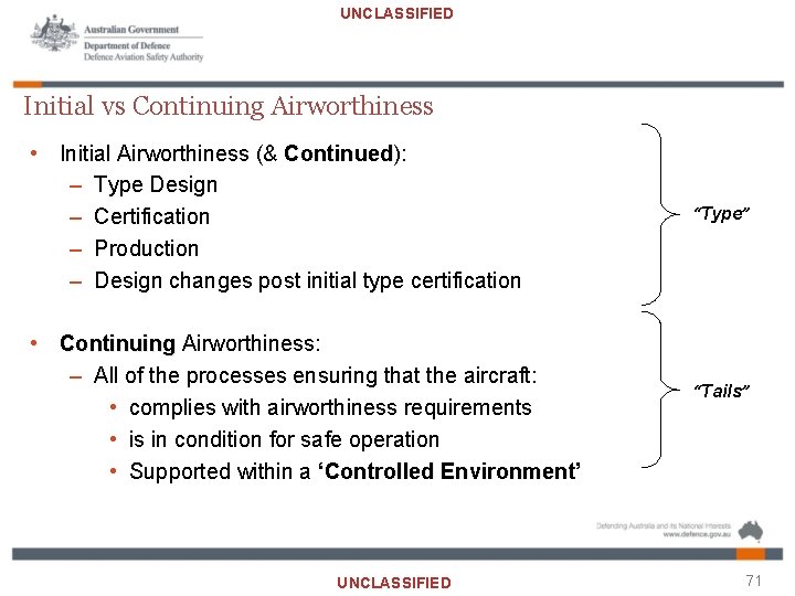 UNCLASSIFIED Initial vs Continuing Airworthiness • Initial Airworthiness (& Continued): Continued – Type Design