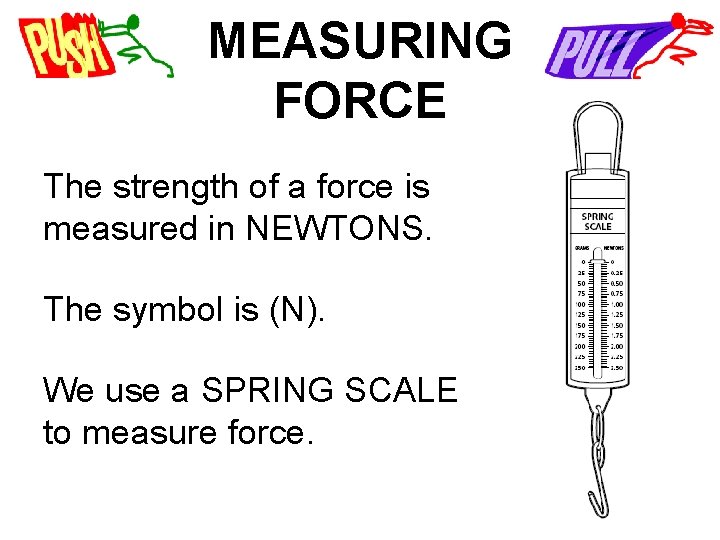 MEASURING FORCE The strength of a force is measured in NEWTONS. The symbol is