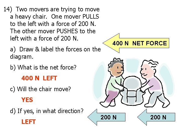 14) Two movers are trying to move a heavy chair. One mover PULLS to