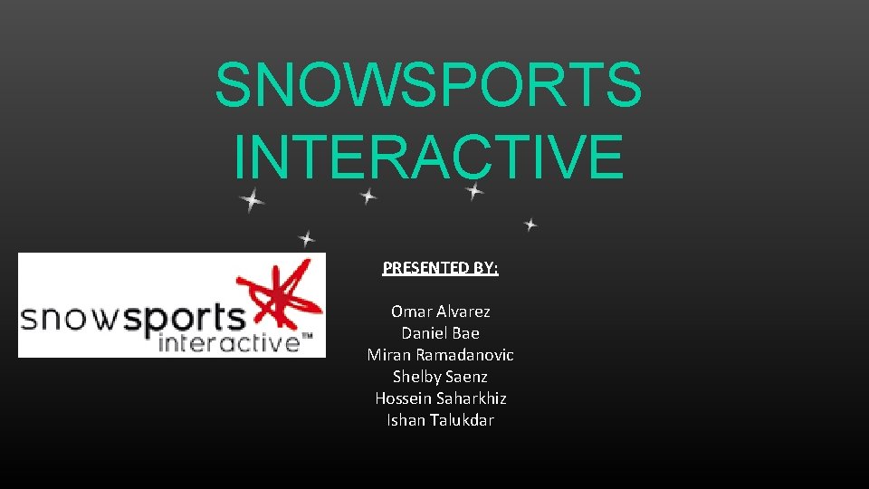 SNOWSPORTS INTERACTIVE PRESENTED BY: Omar Alvarez Daniel Bae Miran Ramadanovic Shelby Saenz Hossein Saharkhiz