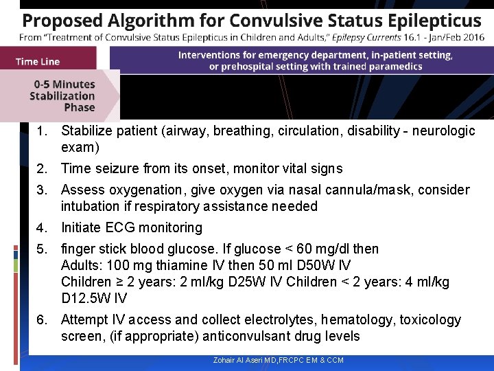 1. Stabilize patient (airway, breathing, circulation, disability - neurologic exam) 2. Time seizure from