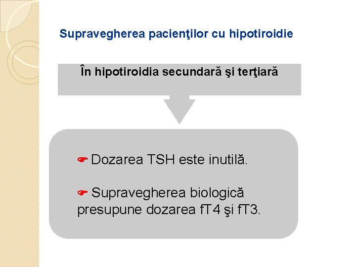 Supravegherea pacienţilor cu hipotiroidie În hipotiroidia secundară şi terţiară Dozarea TSH este inutilă. Supravegherea