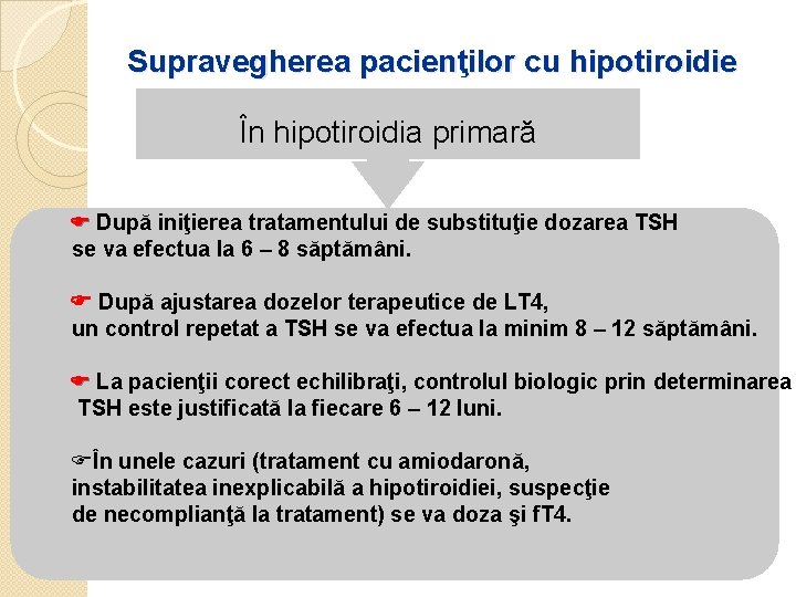 Supravegherea pacienţilor cu hipotiroidie În hipotiroidia primară După iniţierea tratamentului de substituţie dozarea TSH