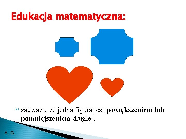 Edukacja matematyczna: A. G. zauważa, że jedna figura jest powiększeniem lub pomniejszeniem drugiej; 