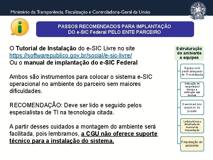 PASSOS RECOMENDADOS PARA IMPLANTAÇÃO DO e-SIC Federal PELO ENTE PARCEIRO O Tutorial de Instalação