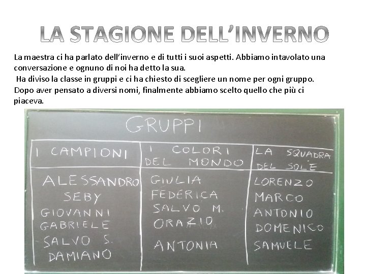 La maestra ci ha parlato dell’inverno e di tutti i suoi aspetti. Abbiamo intavolato La maestra ci ha parlato dell’inverno e di tutti i suoi aspetti. Abbiamo intavolato