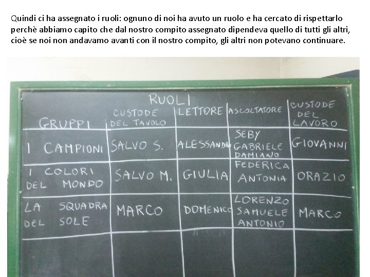Quindi ci ha assegnato i ruoli: ognuno di noi ha avuto un ruolo e Quindi ci ha assegnato i ruoli: ognuno di noi ha avuto un ruolo e