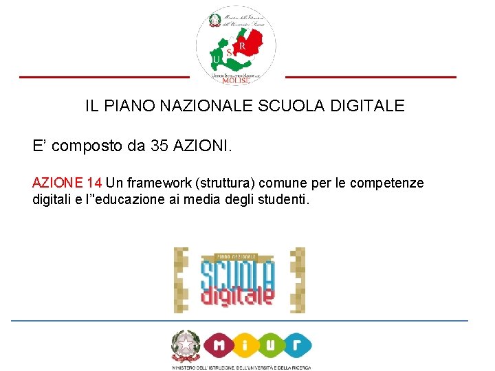 IL PIANO NAZIONALE SCUOLA DIGITALE E’ composto da 35 AZIONI. AZIONE 14 Un framework