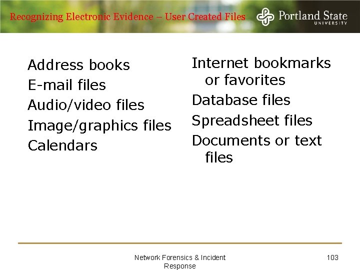 Recognizing Electronic Evidence – User Created Files Address books E-mail files Audio/video files Image/graphics