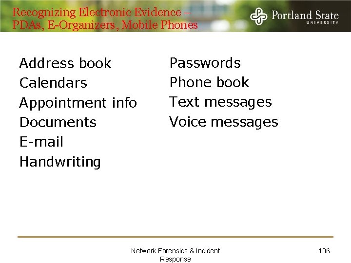 Recognizing Electronic Evidence – PDAs, E-Organizers, Mobile Phones Address book Calendars Appointment info Documents