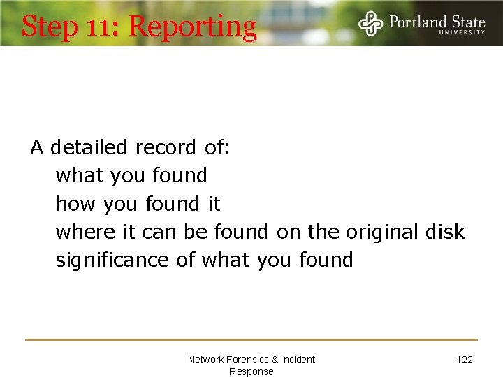 Step 11: Reporting A detailed record of: what you found how you found it