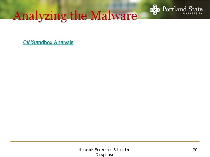 Analyzing the Malware CWSandbox Analysis Network Forensics & Incident Response 20 