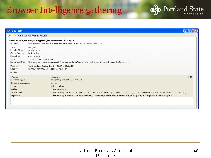 Browser Intelligence gathering Network Forensics & Incident Response 45 