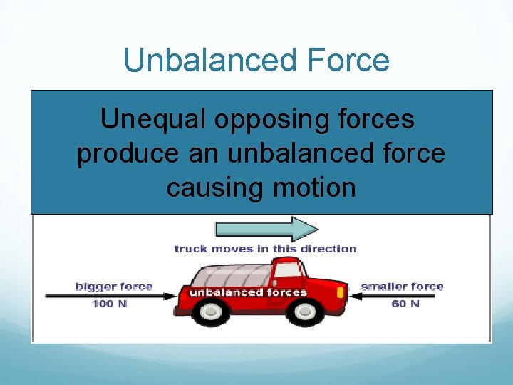 Unbalanced Force Unequal opposing forces produce an unbalanced force causing motion 