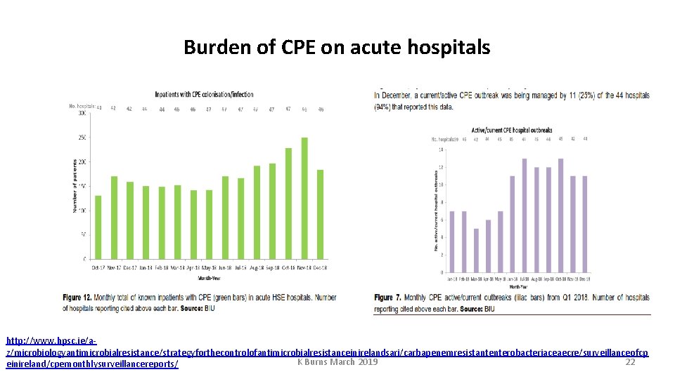 Burden of CPE on acute hospitals http: //www. hpsc. ie/az/microbiologyantimicrobialresistance/strategyforthecontrolofantimicrobialresistanceinirelandsari/carbapenemresistantenterobacteriaceaecre/surveillanceofcp K Burns March 2019