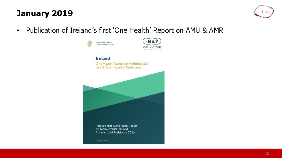 January 2019 • Publication of Ireland’s first ‘One Health’ Report on AMU & AMR