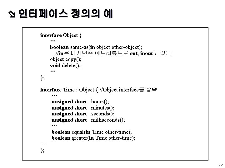  인터페이스 정의의 예 interface Object { ··· boolean same-as(in object other-object); //in은 매개변수