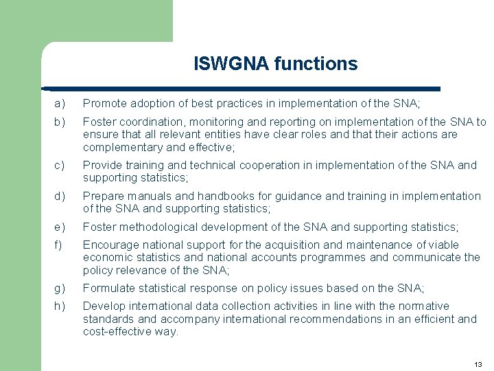 ISWGNA functions a) Promote adoption of best practices in implementation of the SNA; b)