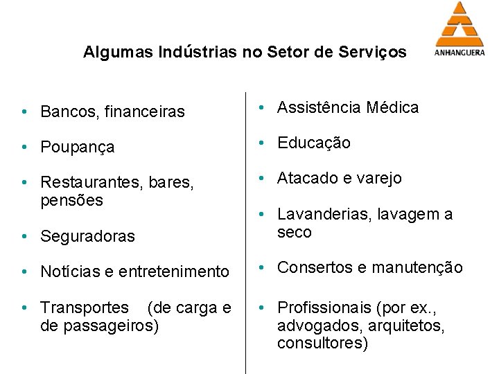 Algumas Indústrias no Setor de Serviços • Bancos, financeiras • Assistência Médica • Poupança