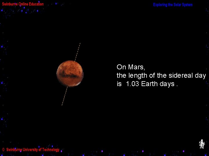 On Mars, the length of the sidereal day is 1. 03 Earth days. 