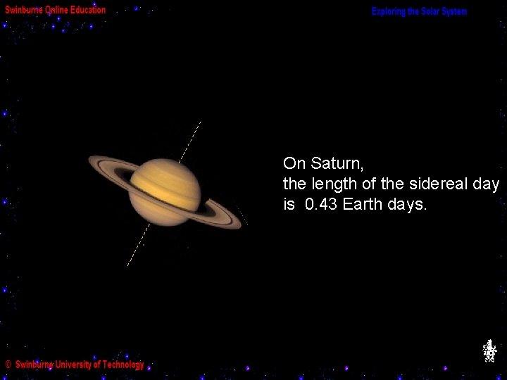 On Saturn, the length of the sidereal day is 0. 43 Earth days. 