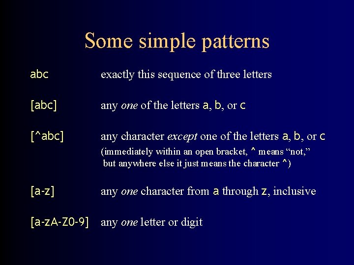 Some simple patterns abc exactly this sequence of three letters [abc] any one of