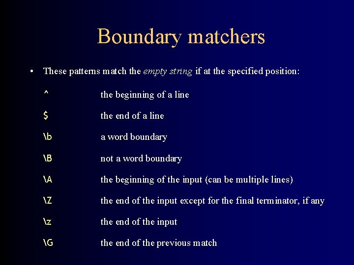 Boundary matchers • These patterns match the empty string if at the specified position: