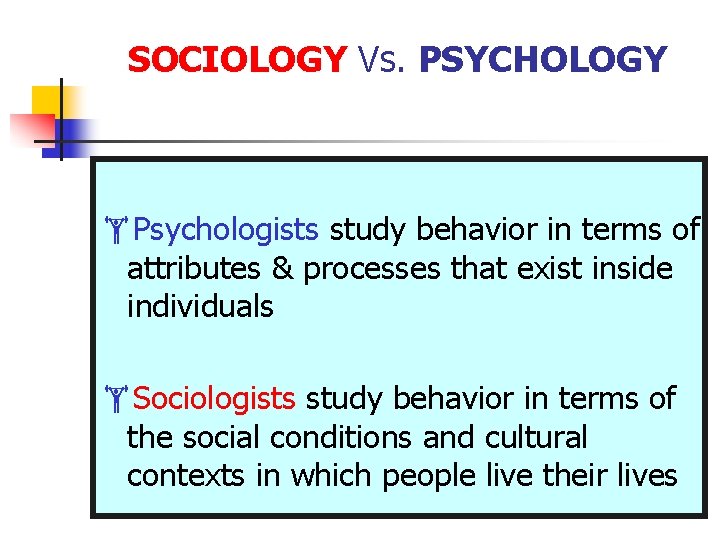 SOCIOLOGY Vs. PSYCHOLOGY Psychologists study behavior in terms of attributes & processes that exist SOCIOLOGY Vs. PSYCHOLOGY Psychologists study behavior in terms of attributes & processes that exist