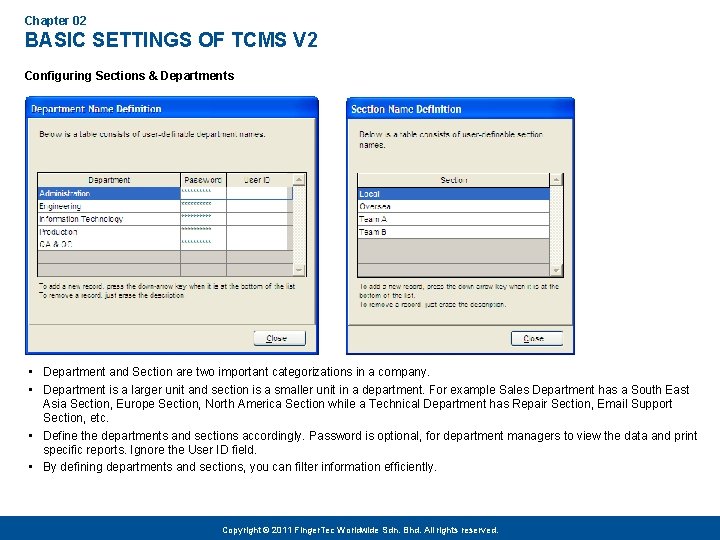Chapter 02 BASIC SETTINGS OF TCMS V 2 Configuring Sections & Departments • Department