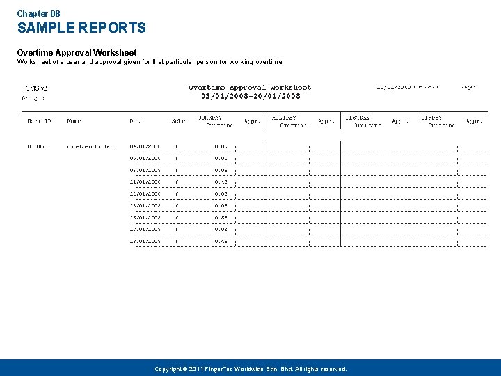 Chapter 08 SAMPLE REPORTS Overtime Approval Worksheet of a user and approval given for